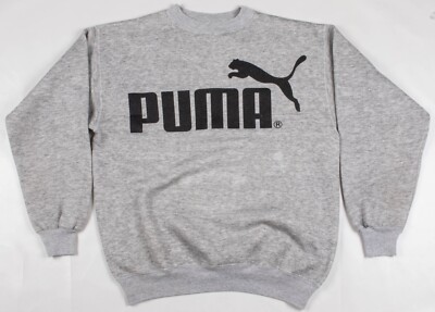 Vintage 1980s PUMA Big Print Spell Out Crewneck Sweater Gray Men's Boxy Size LRG