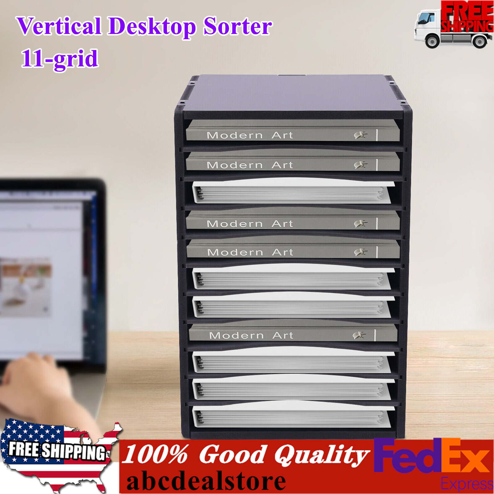 Vertical Wooden Desktop Sorter with 11 Compartments for Office Organization-image