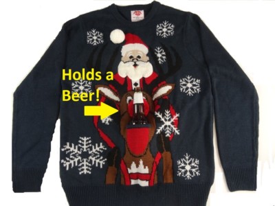 Men's Ugly Holiday Christmas Sweater Holds Beer Holder Santa