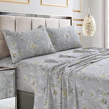 Soft Cotton Sateen Queen Bed Sheet Set, Floral Print, Extra Deep Pockets