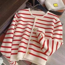Striped Knitted Cardigans Spring Autumn O-neck Single Breasted Long Sleeve Crop