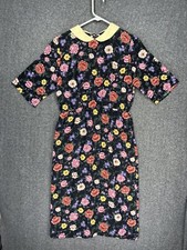Handmade Vintage Women's Dress Size M Black Floral Collared 80s 90s Midi