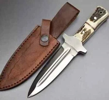 CUSTOM HANDMADE D2 CAMPING SURVIVAL HUNTING DAGGER KNIFE STAG HANDLE+SHEATH