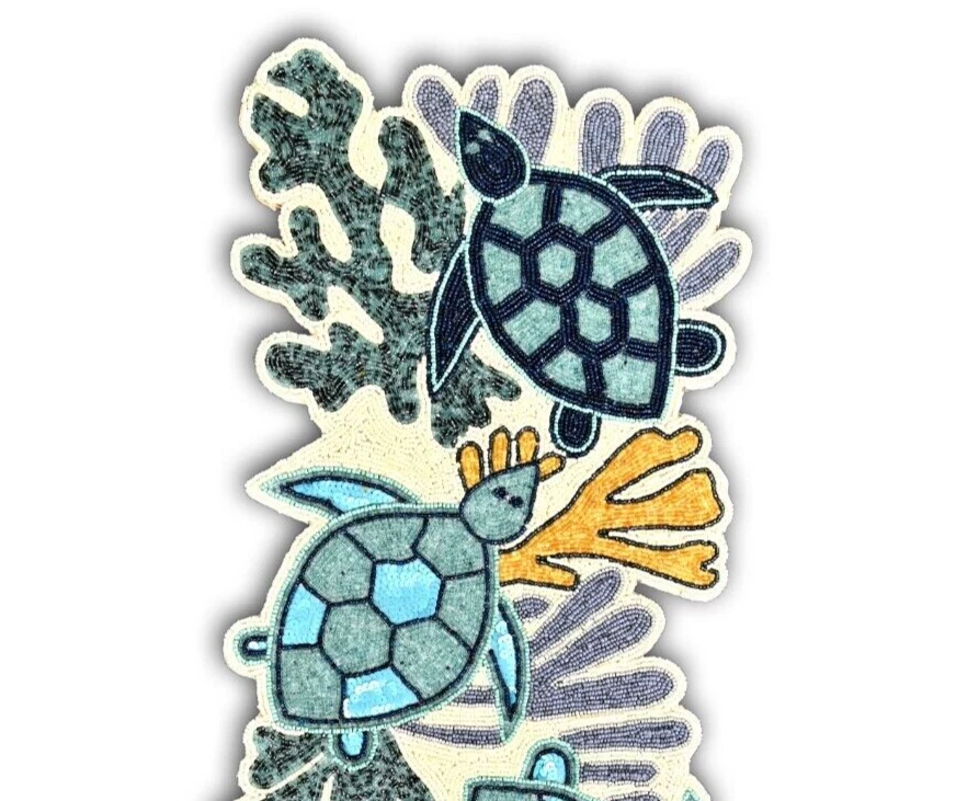 Beaded Table Runner, Coral Turtle Design Table Runner, Luxury Tableware 13X36 In - Image 2 of 4