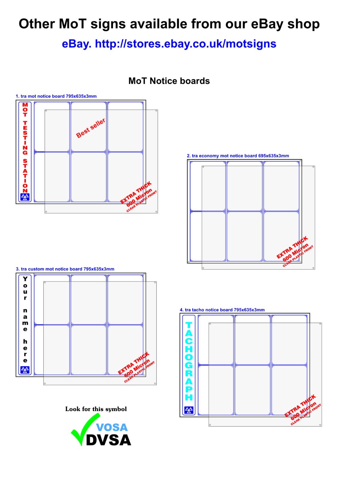 MOT NOTICE BOARD 6 X A4 VOSA DVSA MOT SIGN MOT SIGNS MOT SIGN