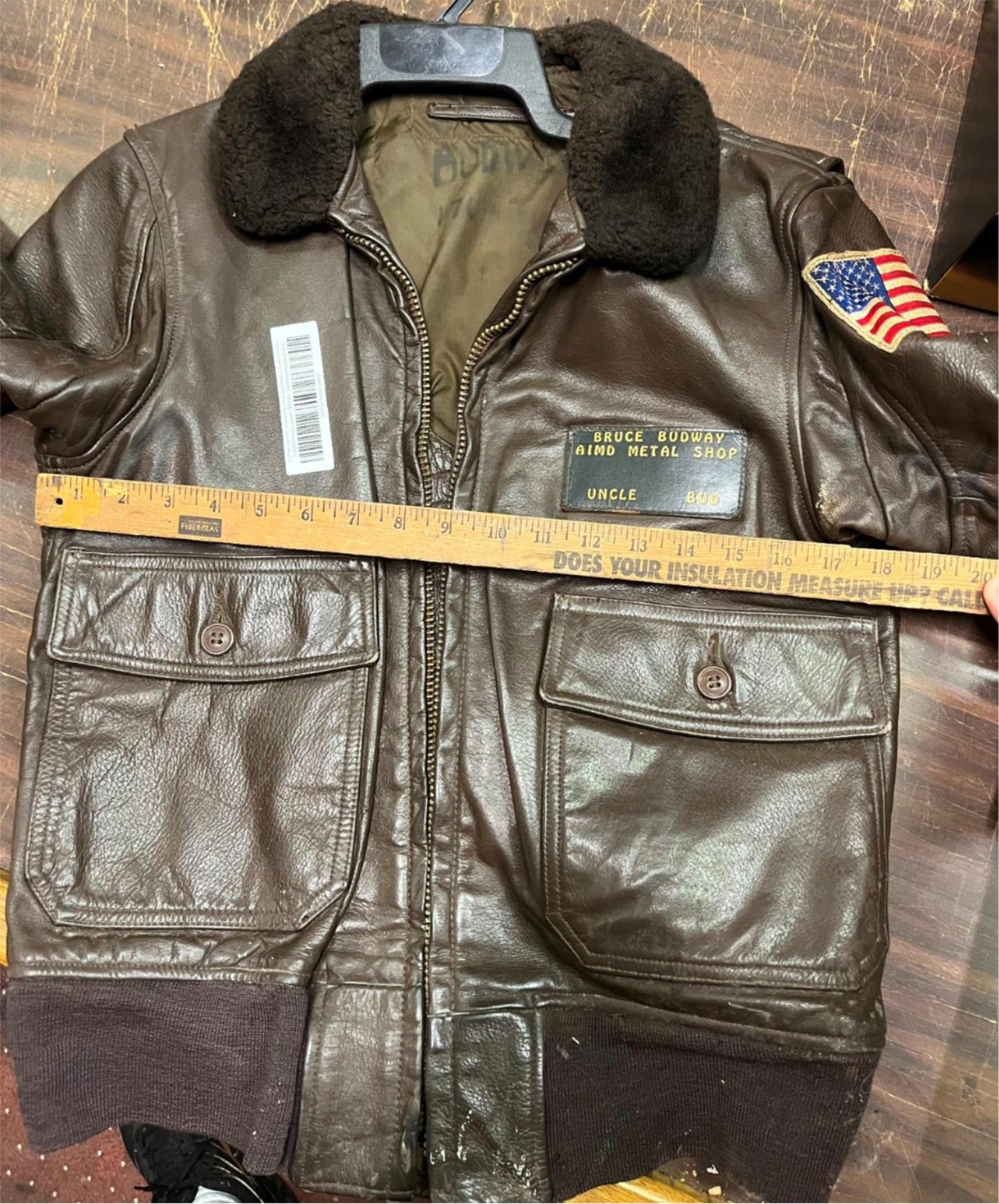 vtg 1950s heavy duty brown leather bomber jacket mens sz S patched missing zippe