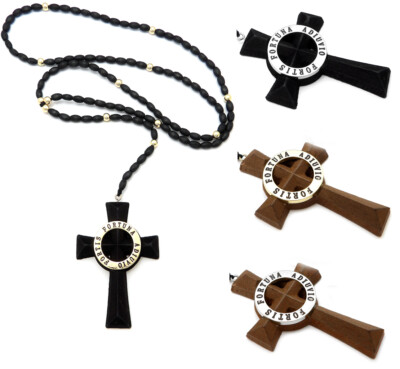 Fortis Fortuna Adiuvio Cross Pendant 5mm/30'' Wood Chain Rosary Necklace XC521