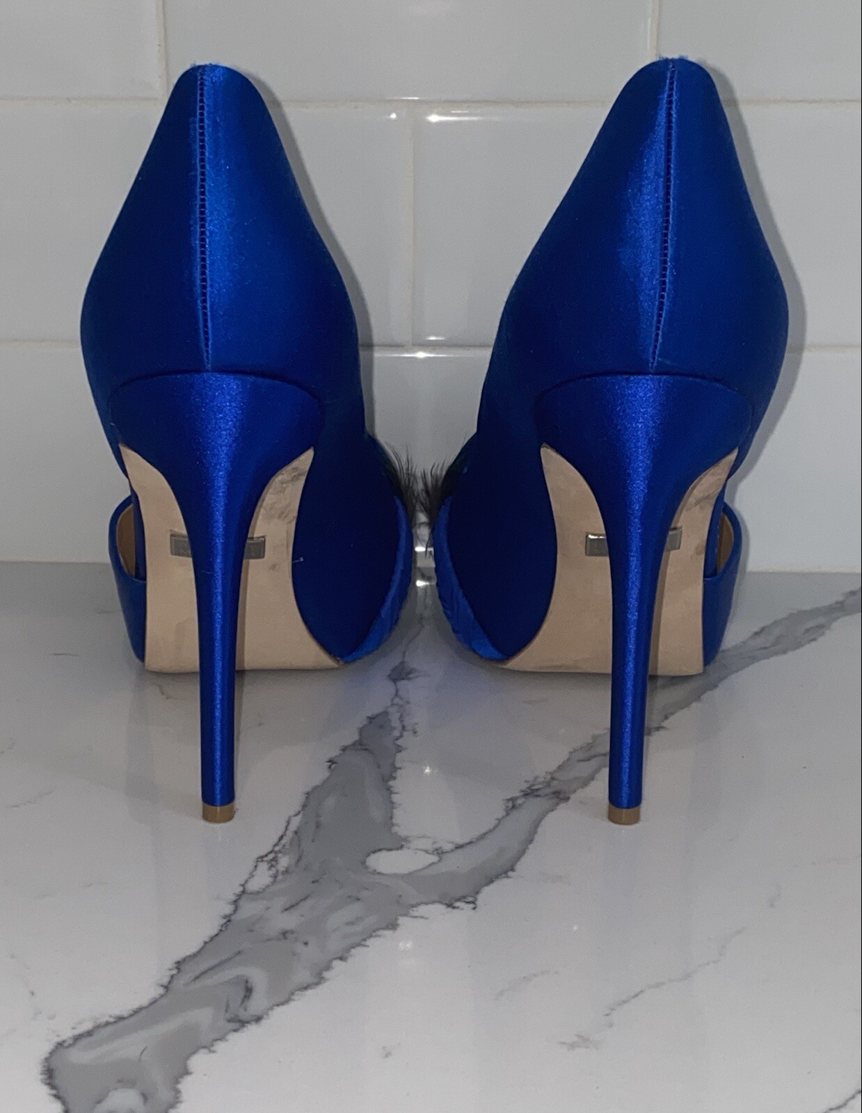 Badgley Mischka Piper Royal Blue Satin Peacock Feather Peep Toe