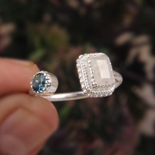 Dual Stone Moonstone & London Blue Topaz 925 Silver Ring Gift For Girl Friend