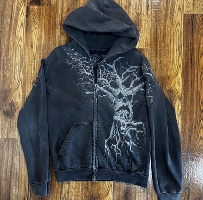 Affliction Haunted Tree Men L Black Full Zip Hoodie Gothic Graphic Print