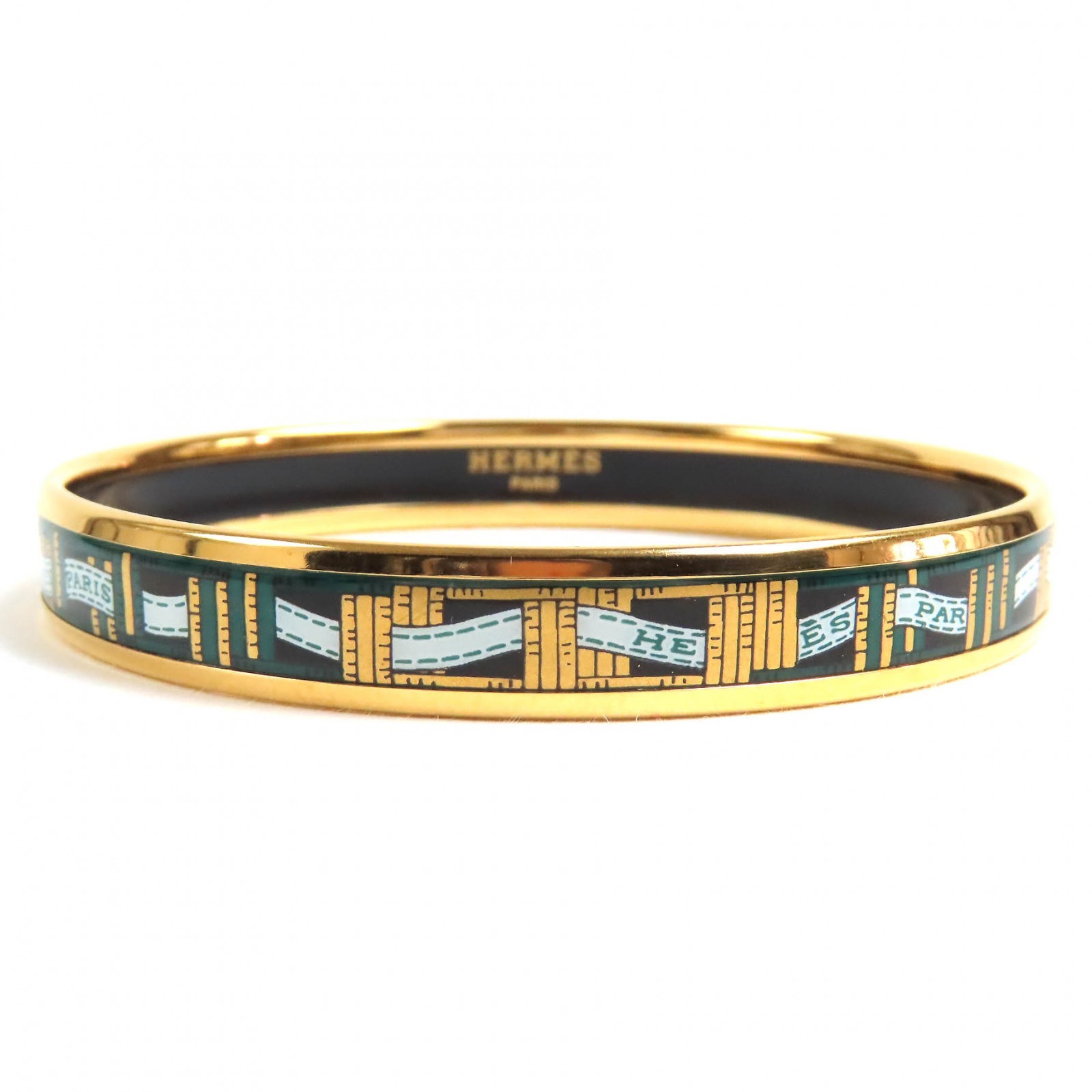 HERMES Gold Green Black Logo Ribbon Motif Enamel Bangle for Women-image