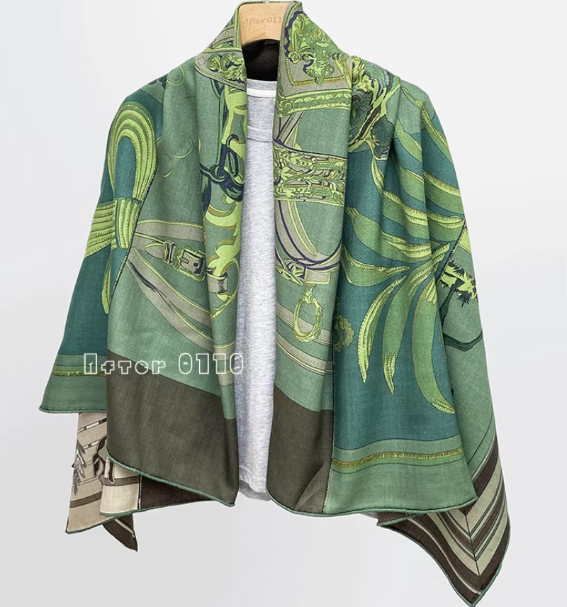 70% cashmere 30% silk blackish green double side printed square Wrap shawl 51''