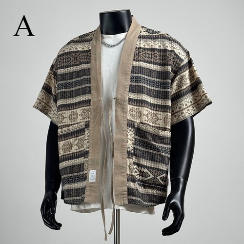 Kimono etnico giapponese uomo vintage righe maniche corte Yukata camicia casual top - Foto 10 di 12
