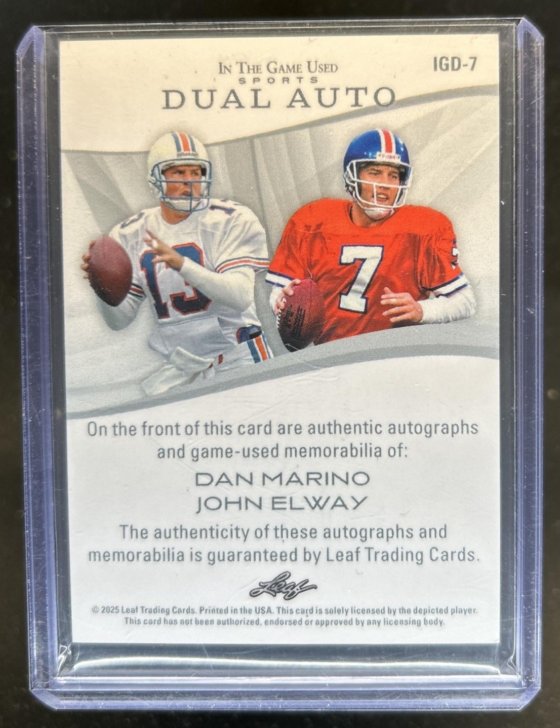 2025 Leaf In the Game Used Dan Marino John Elway Dual Auto Purple Holo #/6 view 2