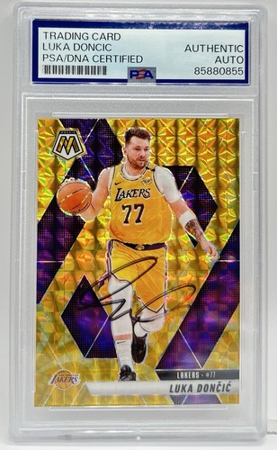 Luka Doncic Signed 2024-25 Panini Mosaic Reactive Yellow Lakers AUTO PSA/DNA