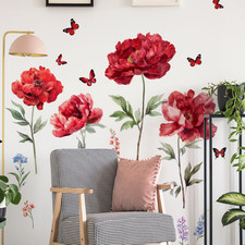 Large Red Flowers Wall Decals Butterfly Watercolor Floral Wall Stickers for Bedr