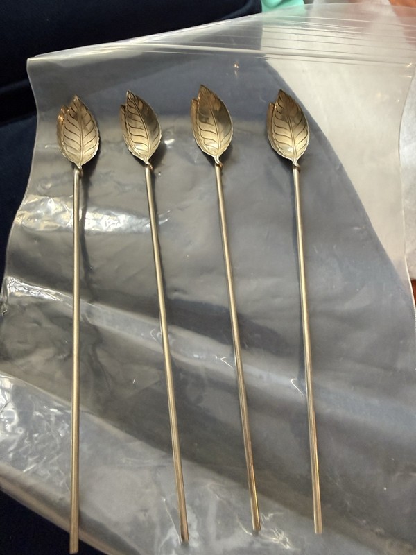 ~TIFFANY & Co. ~Sterling Silver 925 ~Leaf ~ Mint Julep~ Iced Tea~ Spoon Straw x4