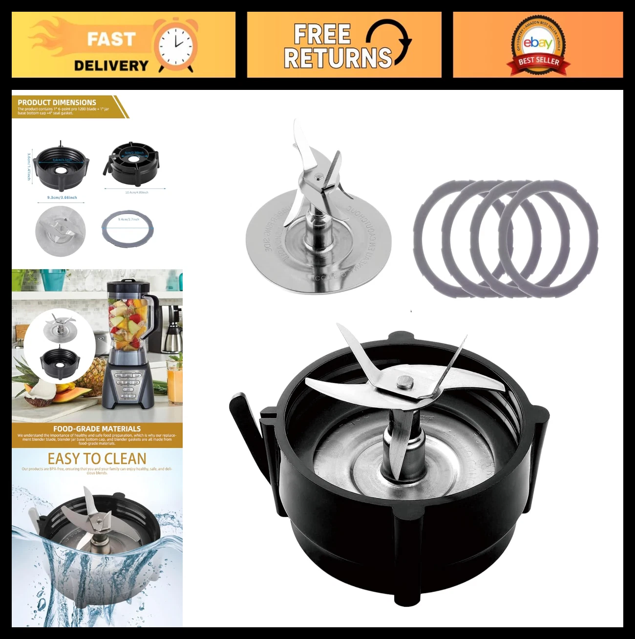 Blender Blade Replacement - 6-Prong Stainless Steel Cutter, Jar Base Cap & Gaske