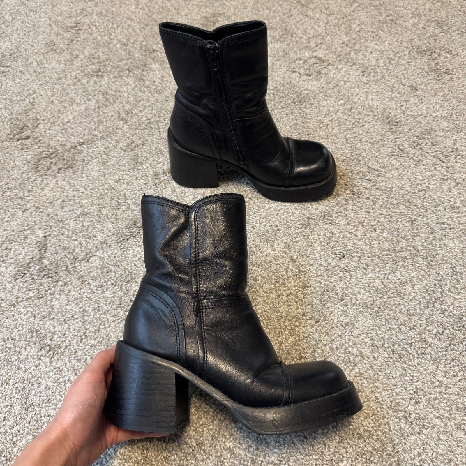 Y2K Vintage Mudd Black Leather Chunky Platform Ankle Boots 6 6.5
