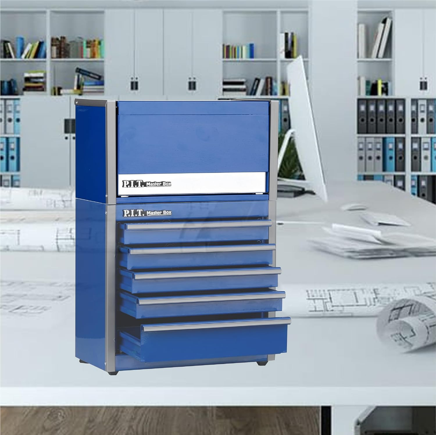 P.I.T. Mini Blue Tool Box, Portable 3 Drawer Steel Tool Box with Magnetic Tab Lo