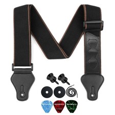 Gitarrengurt verstellbar Baumwolle Schwarz mit Plektren & Strap Locks