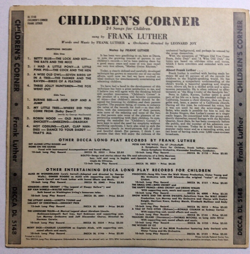 DECCA Children's Corner 24 Songs For Children Sung By Frank Luther Record DL5148 - Imagen 8 de 8