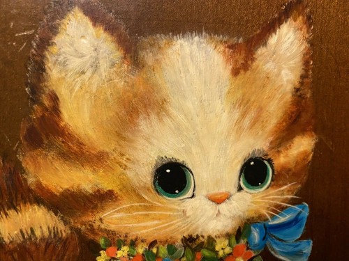 Pintura vintage gato gatito sobre madera pintada a mano firmada 8x6 A3 - Imagen 7 de 12
