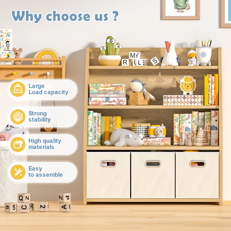 Kids Wooden Bookshelf 3 Tier Baby Toddler Bookshelf Toy Storage Organizer w/Cube - Image 4 of 4