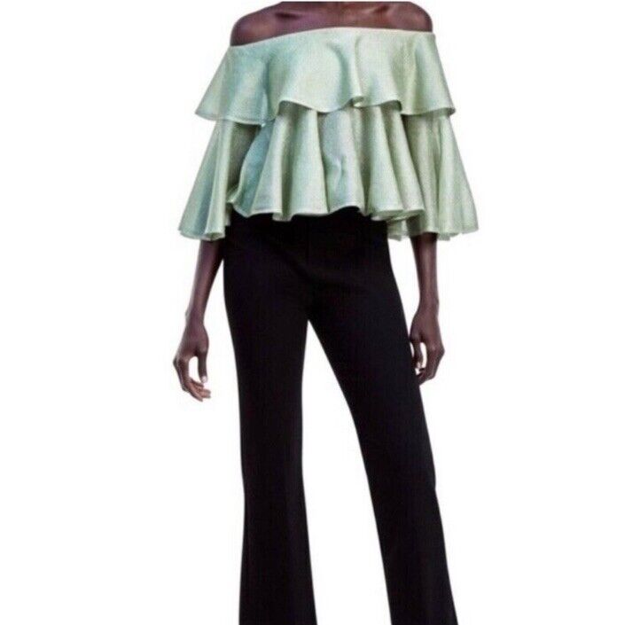 Zara Off The Shoulder Top Green Metallic Thread Knit Size L