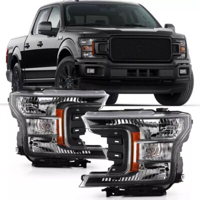 For 2018-2020 Ford F150 F-150 XL/XLT Halogen Type Black Bezel Headlights PAIR