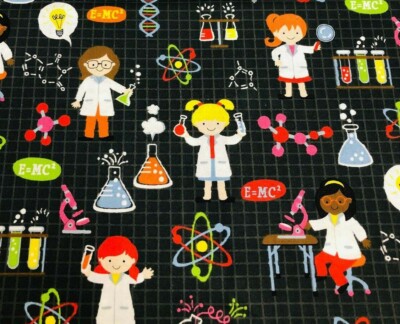 FAT QUARTER FABRIC  GIRL SCIENTIST SCIENCE  CHEMISTRY  CHEMICAL ELEMENTS  SCHOOL