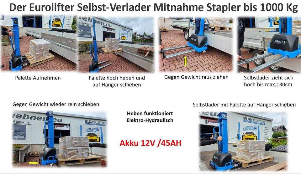 Selbstverlader Mitnahme Stapler Hochhubwagen Elektrisch Gabelstapler Mini 1000Kg - Bild 3 von 4