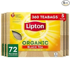 Lipton Organic Tea Bags, Black Tea, Iced or Hot Can 72 Count (Pack of 5)