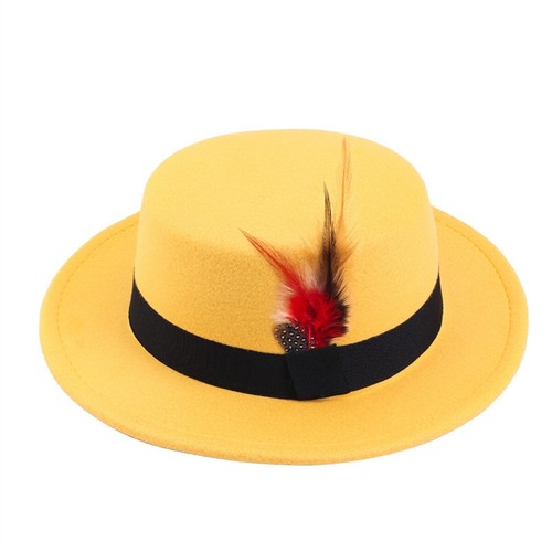 Men Women Porkpie Woolen Flat Top Hat Retro Feather Jazz Hat Gentleman's Hat - Picture 21 of 26