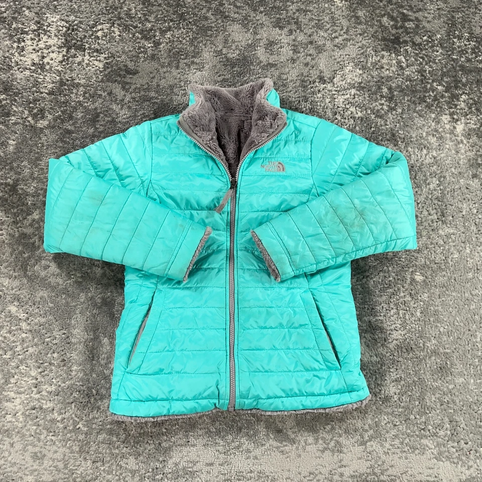 Chaqueta North Face Niñas Grande Verde Gris Reversible Mossbud Remolino Puffer Polar Foto 2 de 4
