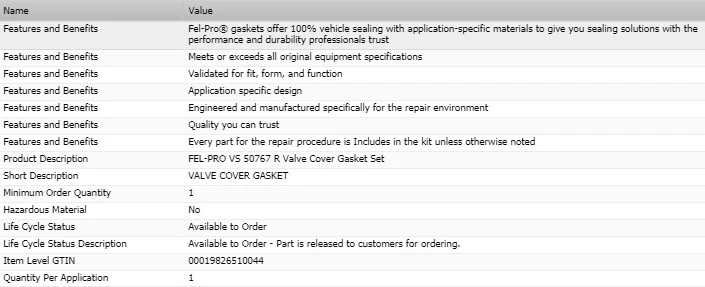 原始设备制造商 FEL-PRO 阀盖垫片套件适用于 2008 - 2012 福特 TAURUS X V6-3.5L — 第 2/4 张图片