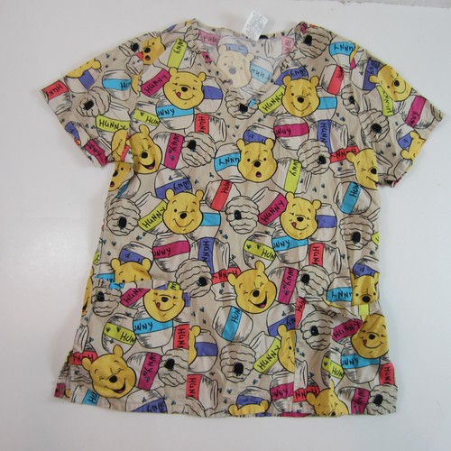 disney women's scrub top winnie the pooh honeypot shirt small brown