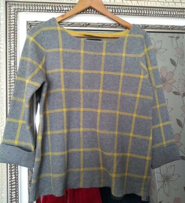 CYNTHIA ROWLEY Damen Smart Heather Grau Gelb Kariert Weich Strick Pullover UK M