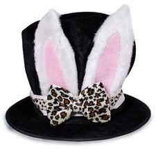Happy Easter Children/Kids Pink Furry Bunny Ears Black Top Hat w/animal Bow.