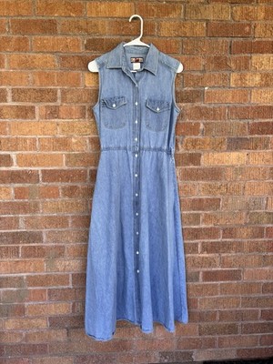 Vtg Denim Shirt Dress Gloria Vanderbilt Maxi Button Down Flare Western Cowgirl S