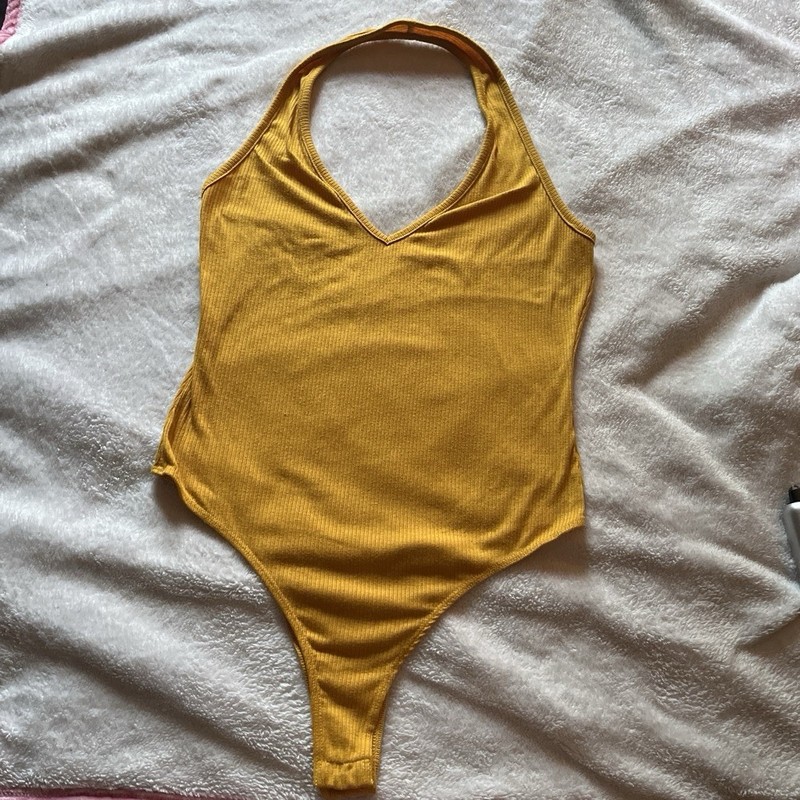 better be Women's Yellow Solid Halter Thong One Piece Bodysuit Wireless L