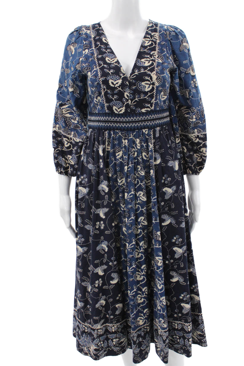 Ulla Johnson Women Maxi Floral V-Neck Long Sleeve Dress Blue Size 0Free Shipping in US $100+ Orders | $6.95 Orders Below