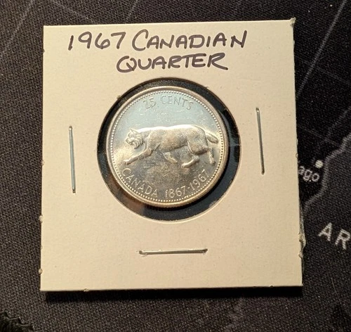 Canada 1967 Centennial Silver Canadian Quarter Lynx Cat 80% Silver Free Shipping