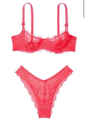 Victoria s Secret Neon Pink Unlined Demi Bra And Panty Set NWOT Medium 36D