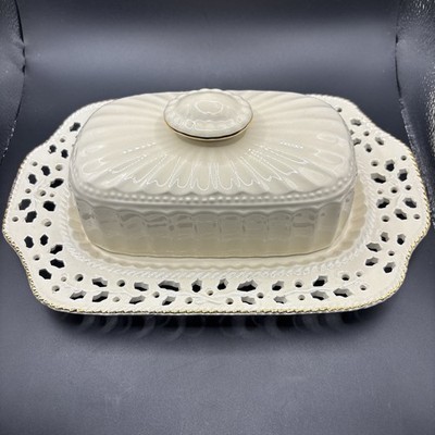 Formalities Holly Butter Dish Container Creamware Lid Gold Tone Trim Baum Bros