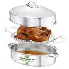 Nutrichef 20 Oval Roasting Pan Rack And Lid - Steel Roaster Dish W/