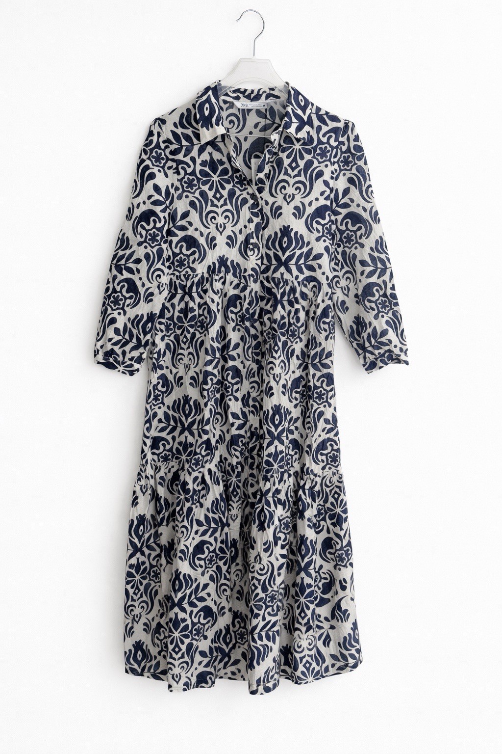 ZARA New With Tags – Navy & White Printed Tiered Midi Dress Size M