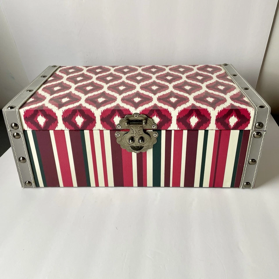 Craft Storage Box Chest Metal Latch Studs Side Handles Colorful Ikat Tabletop - Image 2 of 4