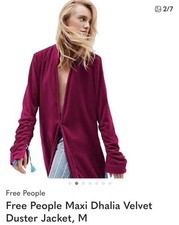Free People Maxi Dhalia Duster Jacket Magenta M Ruched Sleeves Tassels