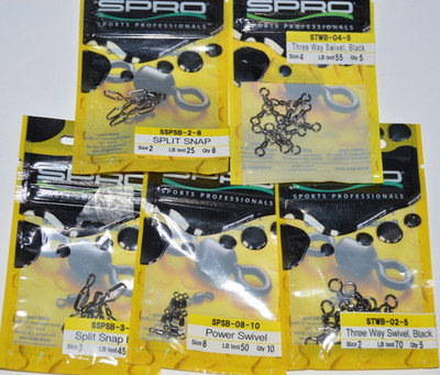 5 packs spro split snaps, three way swivels, and power swivels assortment